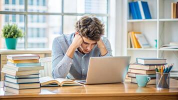 The student looking frustrated or stressed, with a messy desk filled with textbooks, notes, and a computer photo