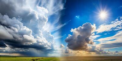 the transition from left to right from the gray threatening clouds smoothly turns into a clear sunny clear sky. A single picture, just the sky, without other objects. On the right, a clear sunny sky photo