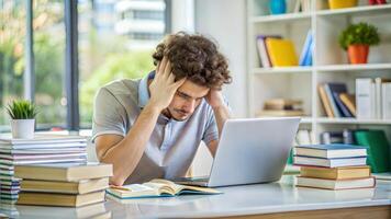 The student looking frustrated or stressed, with a messy desk filled with textbooks, notes, and a computer photo