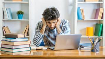 The student looking frustrated or stressed, with a messy desk filled with textbooks, notes, and a computer photo