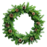 A festive green wreath adorned with pinecones displayed for seasonal decoration, cut out - stock . png