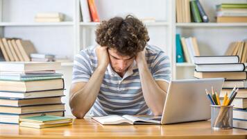 The student looking frustrated or stressed, with a messy desk filled with textbooks, notes, and a computer photo