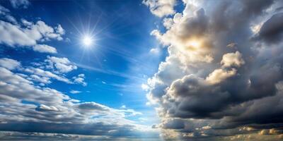 the transition from left to right from the gray threatening clouds smoothly turns into a clear sunny clear sky. A single picture, just the sky, without other objects. On the right, a clear sunny sky photo