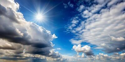the transition from left to right from the gray threatening clouds smoothly turns into a clear sunny clear sky. A single picture, just the sky, without other objects. On the right, a clear sunny sky photo