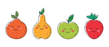 Cute simple smiling fruit characters set. Line fruits orange, strawberry, pear and apple vector