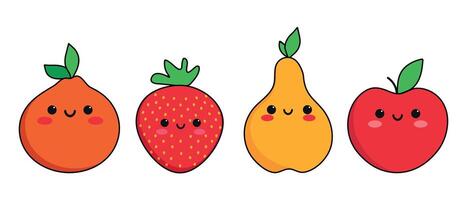 Cute cartoon smiling fruit characters set in childish style. Fruit icons orange, strawberry, pear and apple vector