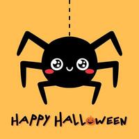Happy Halloween greeting card with a cute spider hanging on a web. Happy smiling spider in childish style vector