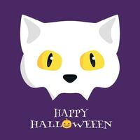 Happy Halloween greeting card with a Cat skull with yellow eyes isolated on purple background vector