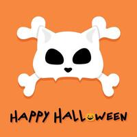 Happy Halloween greeting card with a Cat skull with crossbones on orange background. Cat Jolly Roger vector