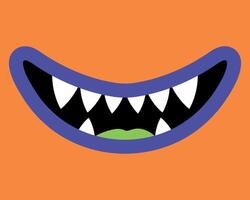 Cartoon smiling monster mouth with fangs. Close up of orange and purple monsters teeth. Smiling creature with sharp teeth vector