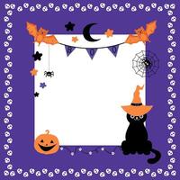 Halloween greeting card with black cat, bats, spiders, pumpkin and squared blank space. Festive Halloween frame with sculls vector