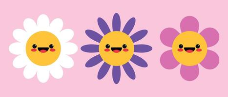 Cute cartoon smiling flower characters in childish style. Happy flower icons in simple flat design vector