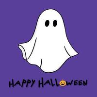 Happy Halloween greeting card with a simple ghost in a sheet isolated on purple background vector