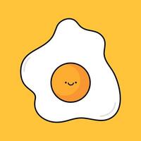 Cute fried egg line icon on yellow background. Happy kawaii cartoon egg in childish style. Healthy breakfast vector