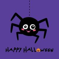 Happy Halloween greeting card with a cute spider hanging on a web. Smiling spider in childish style vector