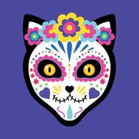 Cat face with a bright makeup of sugar skull and floral wreath. Cat head sugar skull. Day of the Dead. Dia de los Muertos vector