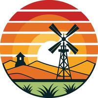 wind turbine and windmill Tshirt Sticker of a retro inspired design vector