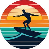 silhouette of a surfer in the waves Tshirt Sticker of a retro inspired design vector