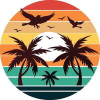 trees and sun on beach Tshirt Sticker of a retro inspired design vector