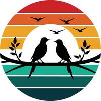 birds on the tree with moon Tshirt Sticker of a retro inspired design vector