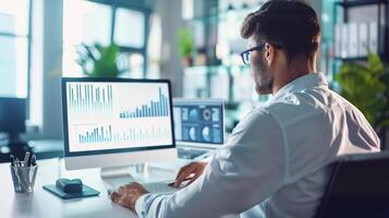 Business man working connection on desktop with internet digital graph network technology. photo