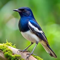 A Magpie robin is standing on a branch with a green background photo