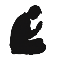 A person kneels in prayer, hands clasped, reflecting devotion and meditation in a serene environment png