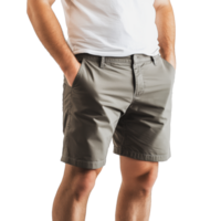 Man wearing gray shorts and a white shirt standing casually with hands in pockets png