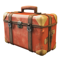 Vintage red suitcase with worn edges and handles png