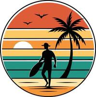 silhouette of a surfer vintage logo in the circle detailed design vector