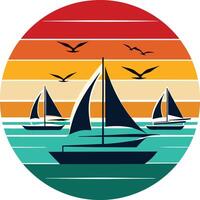sailing boat on the sea Tshirt Sticker of a retro inspired design vector
