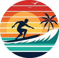 surfer on the beach Tshirt Sticker of a retro inspired design vector