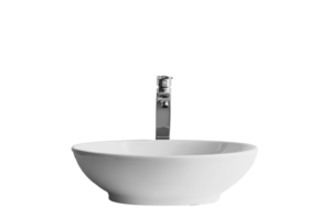 Modern white vessel sink with a sleek chrome faucet in minimalist style png