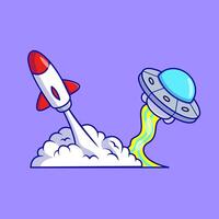 Rocket Spaceship Flying With Ufo. Space Race. Flat Cartoon Concept. vector