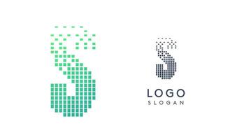 Pixelated Letter S transitioning into scattered pixels with gradient colors creating modern, digital effect like equalizer. Abstract logo for tech software and digital media. illustration. vector