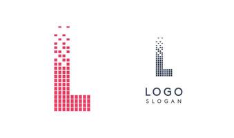 Pixelated Letter L transitioning into scattered pixels with gradient colors creating modern, digital effect like equalizer. Abstract logo for tech software and digital media. illustration. vector
