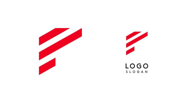 Abstract red geometric letter F with parallel lines. Stripes modern logotype concept, futuristic design for an innovative company, minimalist sporty and technological power style. illustration