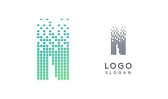 Pixelated Letter N transitioning into scattered pixels with gradient colors creating modern, digital effect like equalizer. Abstract logo for tech software and digital media. illustration. vector