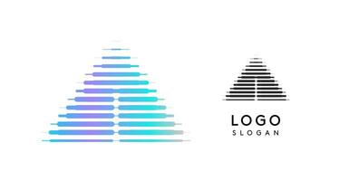 Abstract pyramid sign, wide letter A, logo with horizontal gradient lines, dynamic gradient logotype for tech companies, software development, and innovative brands. illustration. vector