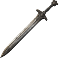 A detailed medieval sword with intricate designs lying flat on a surface png
