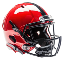 Red football helmet with black stripes displayed, cut out - stock . png