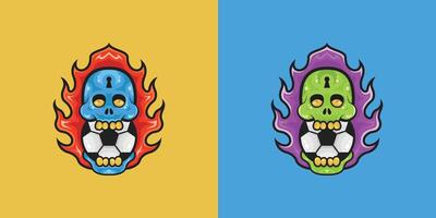 Skull with a keyhole in its head biting balls of fire around it mascot cartoon character illustration vector