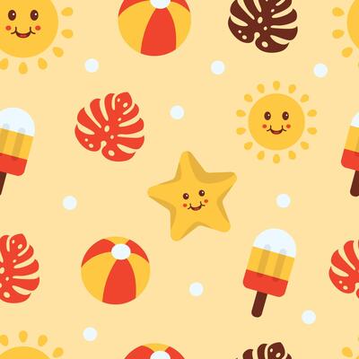 Cute adorable sun ball ice cream sea star and monstera leaf seamless pattern summer vibes