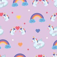 Cute adorable unicorn swim ring and colorful rainbow and clouds seamless pattern vector