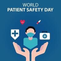 illustration graphic of a pair of hands holding a patient up, displaying medical equipment, perfect for international day, world patient safety day, celebrate, greeting card, etc. vector
