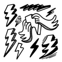 hand drawn sketch style lightning collection illustration. thunderbolt doodle icon set. vector