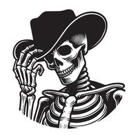 Skeleton cowboy silhouette, Skeleton cowboy Tip of the Hat Illustration in black and white vector