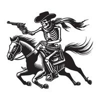 Skeleton cowboy silhouette, Rider of the Undead Illustration in black and white vector