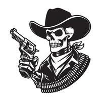 Skeleton cowboy silhouette, The Gunslinger Skeleton Illustration in black and white vector
