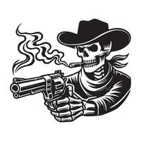 Skeleton cowboy silhouette, A Blowing Smoke Illustration in black and white vector